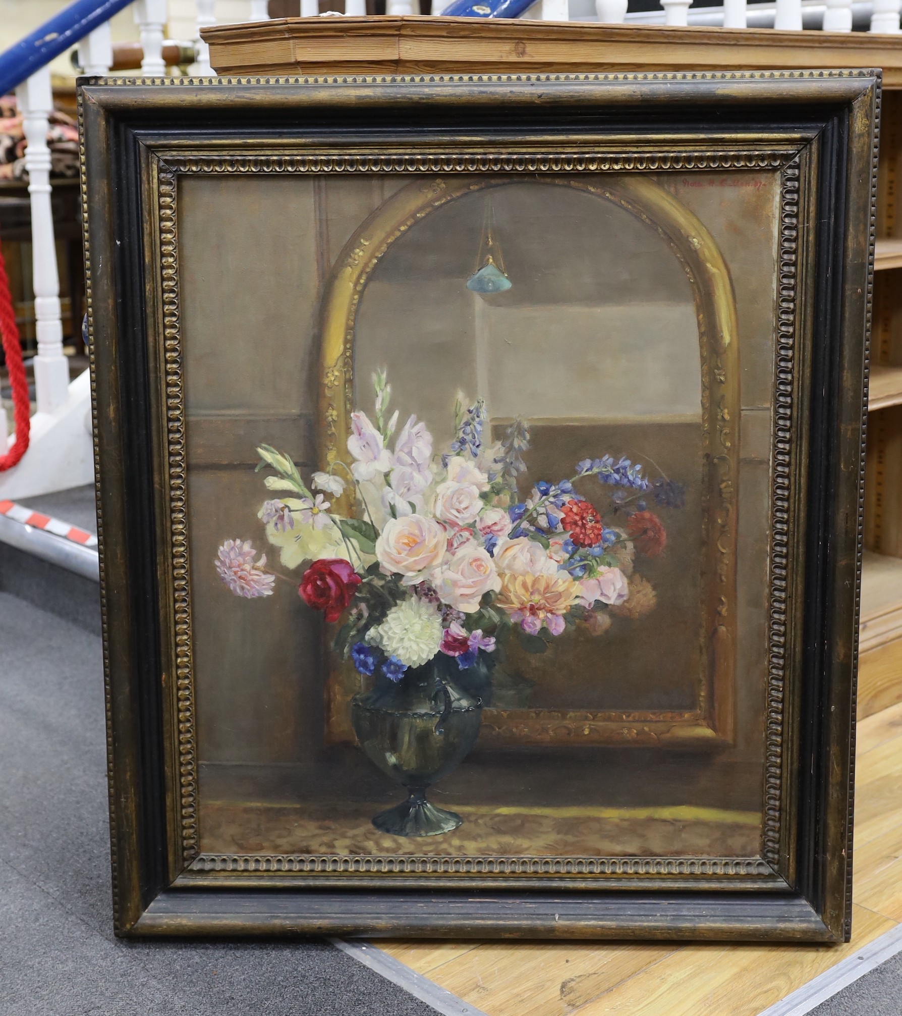 British School, early 20th century, oil on canvas, still life study, Vase of roses, 75 x 63cm